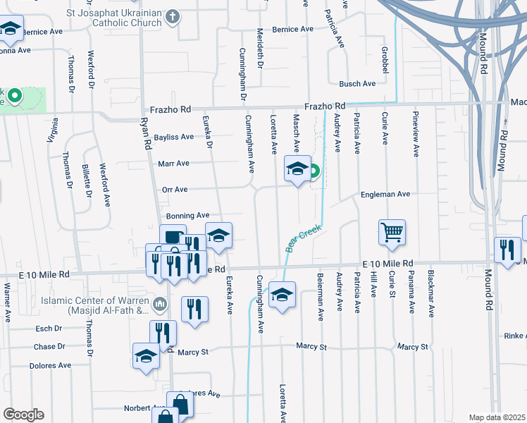 map of restaurants, bars, coffee shops, grocery stores, and more near 25354 Cunningham Avenue in Warren