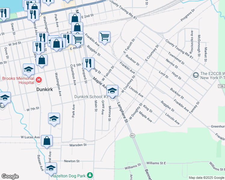 map of restaurants, bars, coffee shops, grocery stores, and more near 142 Maple Avenue in Dunkirk