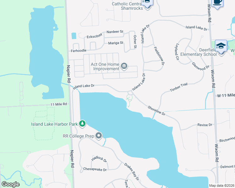 map of restaurants, bars, coffee shops, grocery stores, and more near 26030 Island Lake Drive in Novi