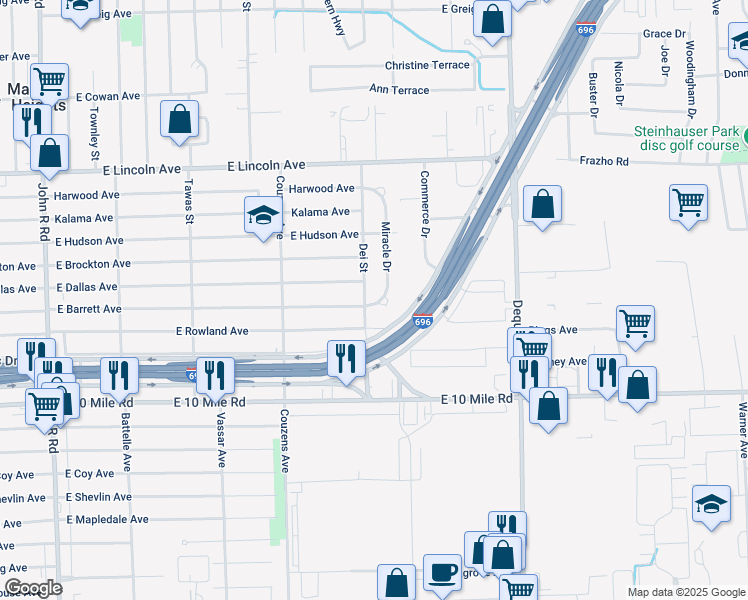 map of restaurants, bars, coffee shops, grocery stores, and more near 25446 Dei Street in Madison Heights