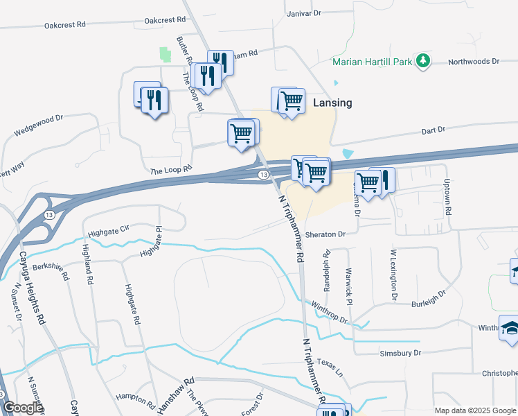 map of restaurants, bars, coffee shops, grocery stores, and more near 2250 North Triphammer Road in Ithaca