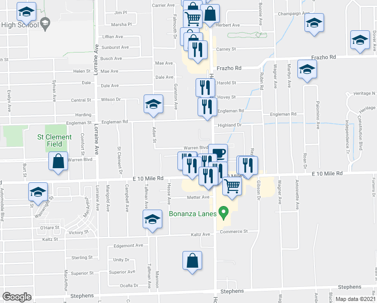 map of restaurants, bars, coffee shops, grocery stores, and more near 11500 Warren Boulevard in Warren