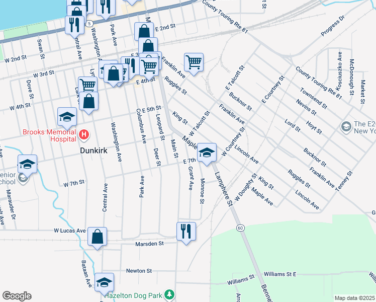 map of restaurants, bars, coffee shops, grocery stores, and more near 630 Grant Avenue in Dunkirk