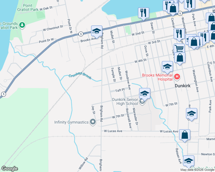 map of restaurants, bars, coffee shops, grocery stores, and more near 501 McKinley Avenue in Dunkirk