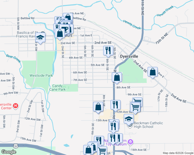 map of restaurants, bars, coffee shops, grocery stores, and more near 611 6th Avenue Southeast in Dyersville