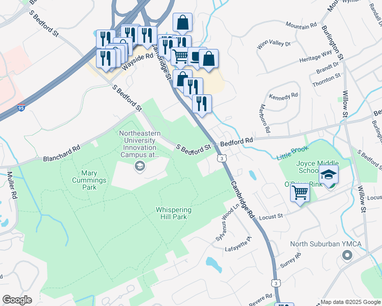 map of restaurants, bars, coffee shops, grocery stores, and more near 162 South Bedford Street in Woburn