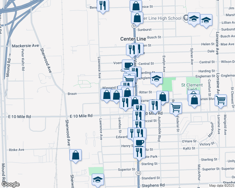 map of restaurants, bars, coffee shops, grocery stores, and more near 7315 Weingartz Street in Center Line