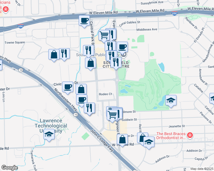map of restaurants, bars, coffee shops, grocery stores, and more near 20100 Civic Center Drive in Southfield
