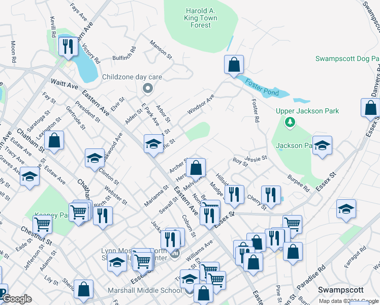 map of restaurants, bars, coffee shops, grocery stores, and more near 88 Clark Street in Lynn
