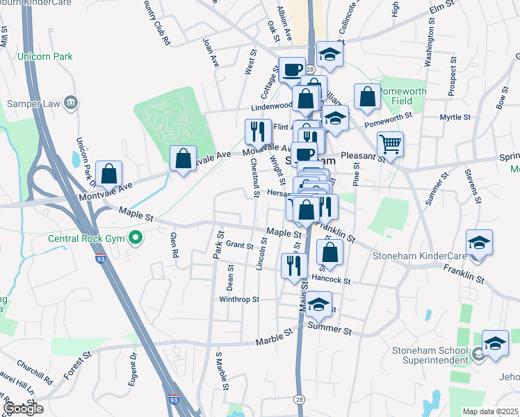 map of restaurants, bars, coffee shops, grocery stores, and more near 24 Hersam Street in Stoneham