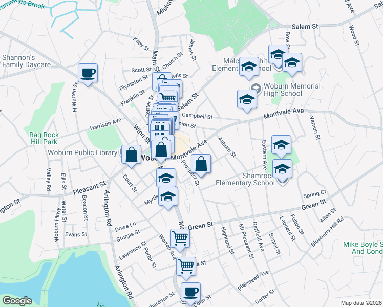 map of restaurants, bars, coffee shops, grocery stores, and more near 42 Walnut Street in Woburn