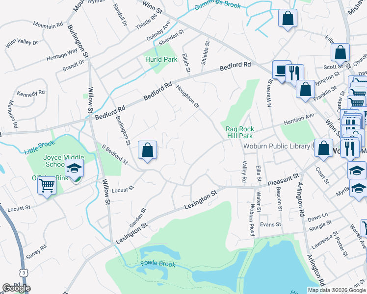 map of restaurants, bars, coffee shops, grocery stores, and more near 11 Mawn Drive in Woburn