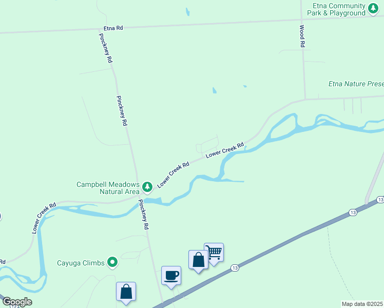 map of restaurants, bars, coffee shops, grocery stores, and more near 220 Lower Creek Road in Ithaca