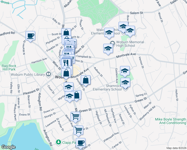 map of restaurants, bars, coffee shops, grocery stores, and more near 8 Fairmount Street in Woburn