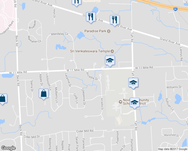 map of restaurants, bars, coffee shops, grocery stores, and more near 25922 Arcadia Drive in Novi