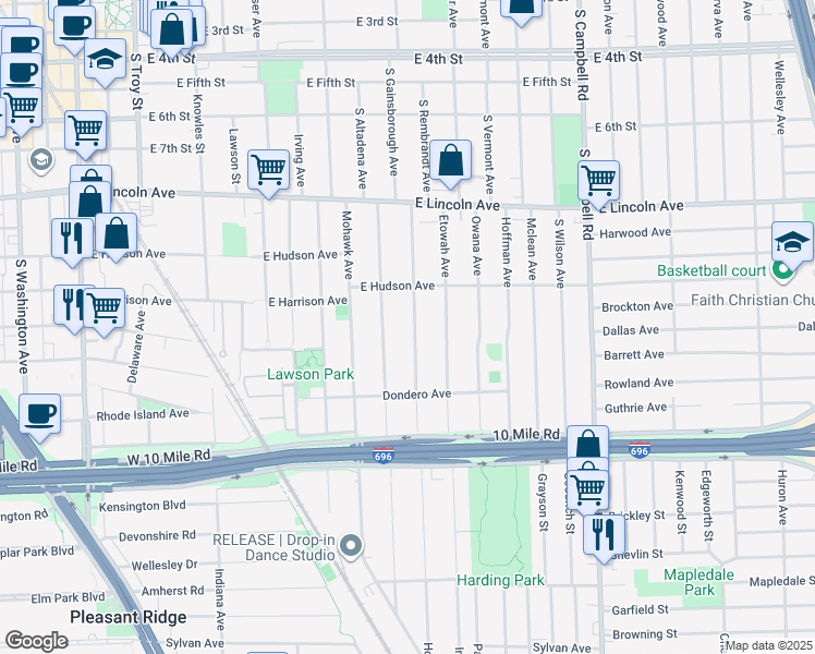 map of restaurants, bars, coffee shops, grocery stores, and more near 1125 Wyandotte Avenue in Royal Oak