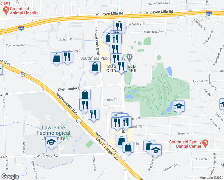 map of restaurants, bars, coffee shops, grocery stores, and more near 20100 Civic Center Drive in Southfield