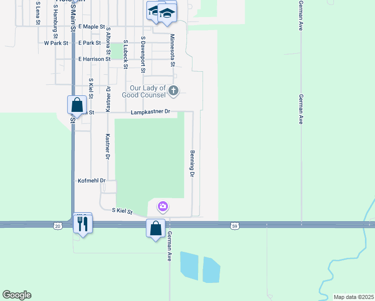 map of restaurants, bars, coffee shops, grocery stores, and more near 640 Benning Drive in Holstein