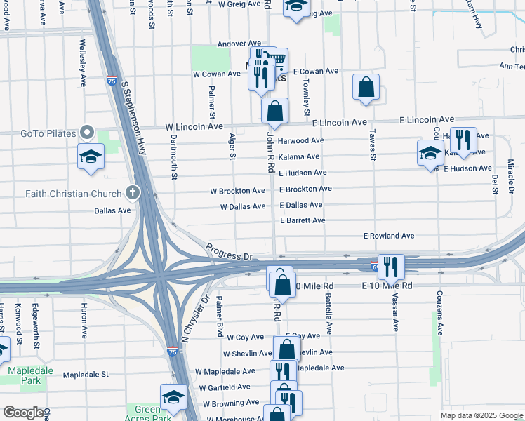 map of restaurants, bars, coffee shops, grocery stores, and more near 58 West Dallas Avenue in Madison Heights