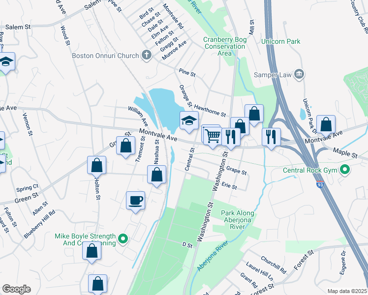 map of restaurants, bars, coffee shops, grocery stores, and more near 2A Montvale Avenue in Woburn