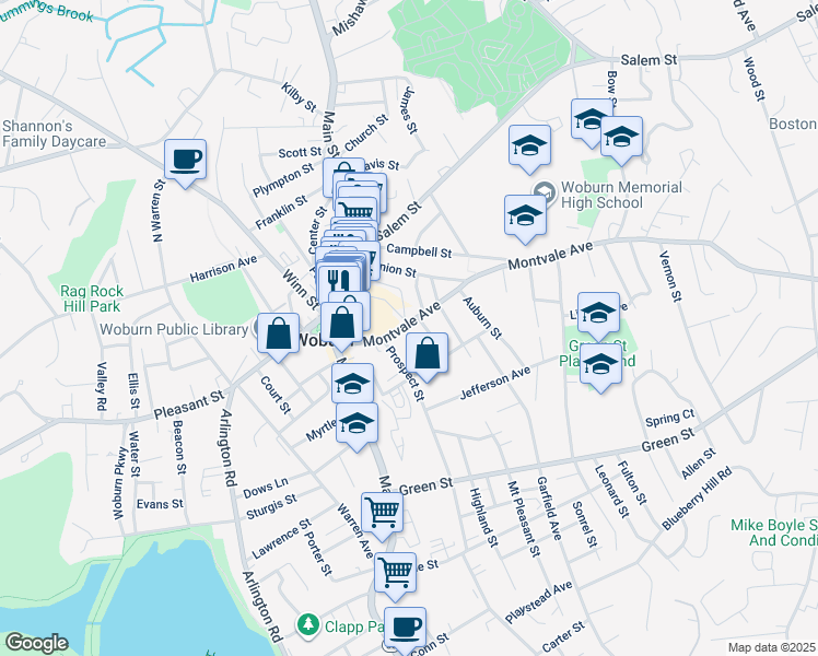 map of restaurants, bars, coffee shops, grocery stores, and more near 42 Walnut Street in Woburn