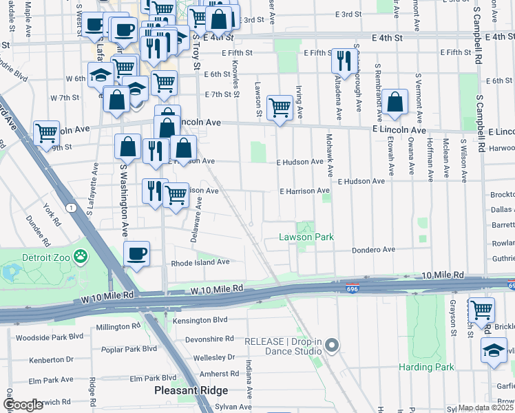 map of restaurants, bars, coffee shops, grocery stores, and more near 612 East Harrison Avenue in Royal Oak
