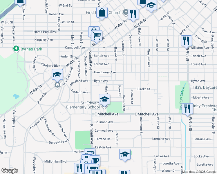 map of restaurants, bars, coffee shops, grocery stores, and more near 202 Hale Street in Waterloo