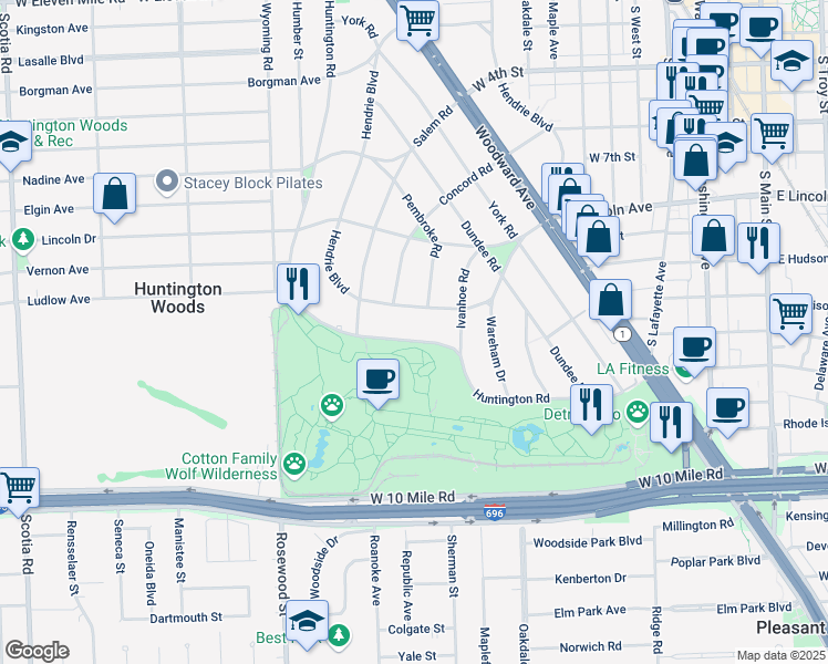 map of restaurants, bars, coffee shops, grocery stores, and more near 8259 Hendrie Boulevard in Huntington Woods