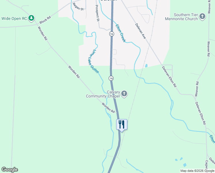 map of restaurants, bars, coffee shops, grocery stores, and more near 11039 New York 16 in Delevan