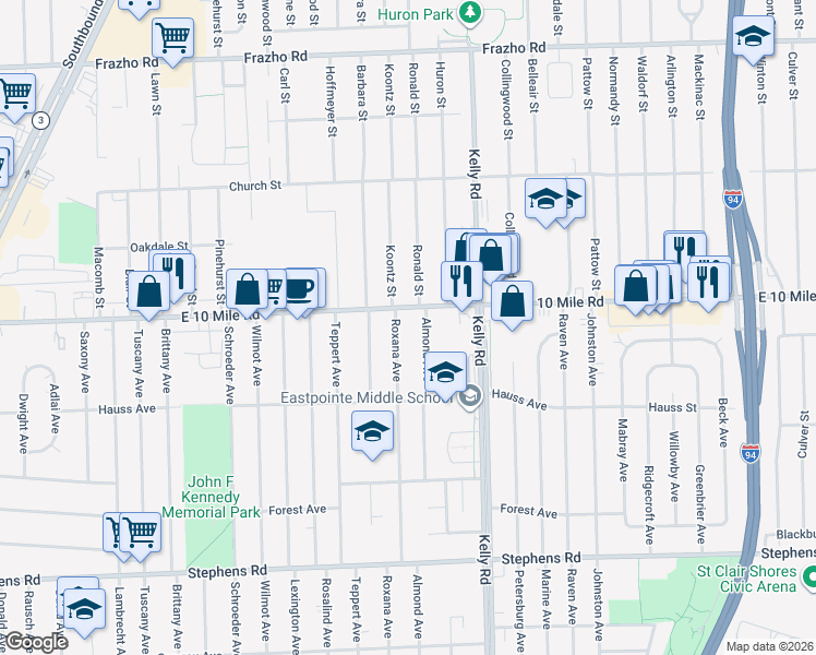 map of restaurants, bars, coffee shops, grocery stores, and more near 24960 Roxana Avenue in Eastpointe