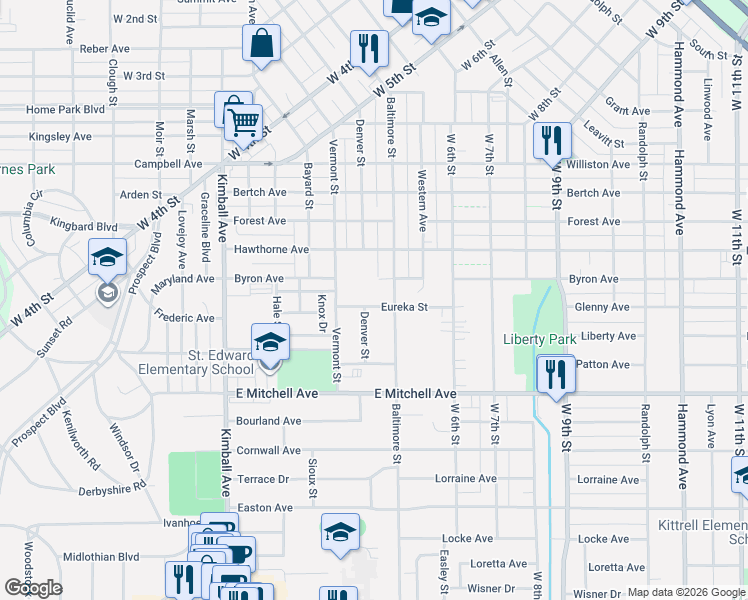 map of restaurants, bars, coffee shops, grocery stores, and more near 1218 Baltimore Street in Waterloo