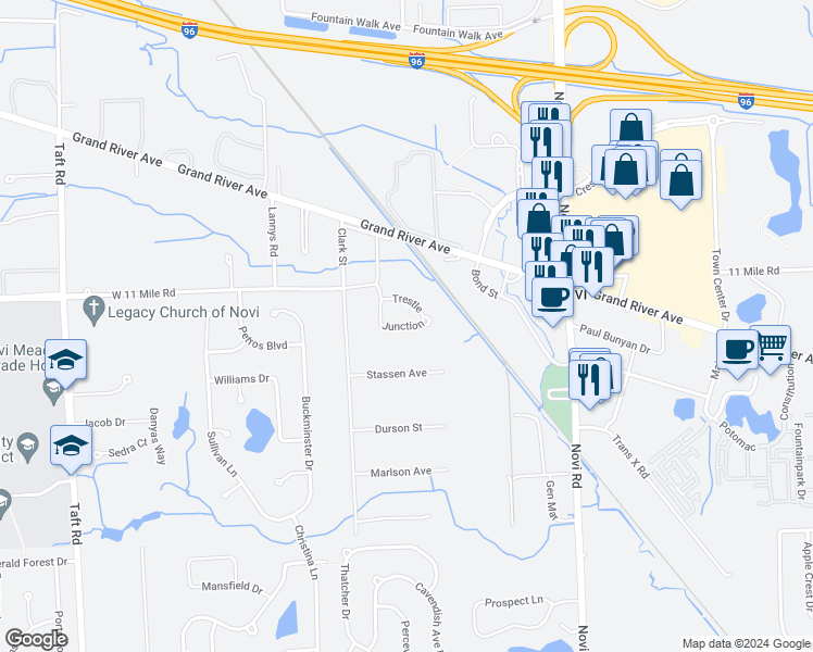 map of restaurants, bars, coffee shops, grocery stores, and more near Junction in Novi