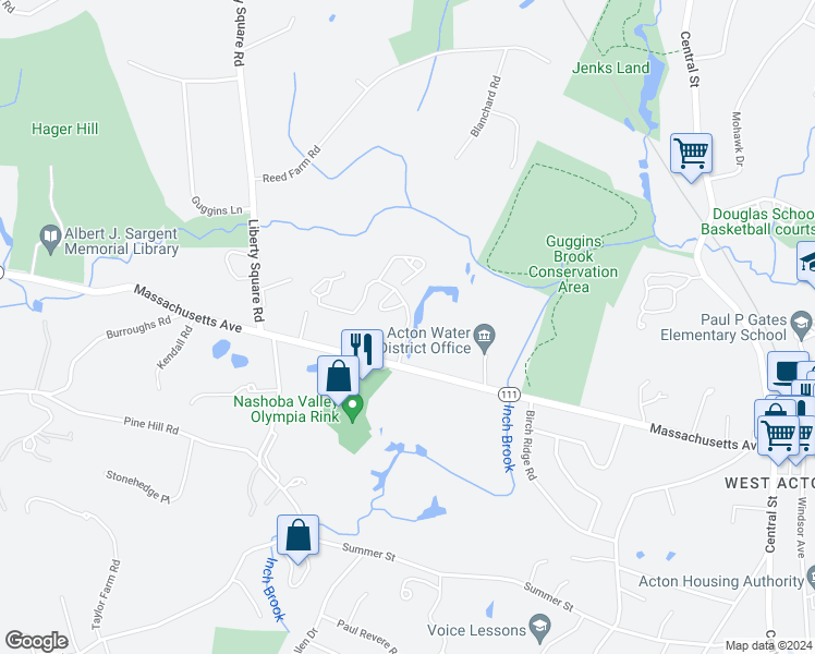 map of restaurants, bars, coffee shops, grocery stores, and more near Applewood Drive in Boxborough