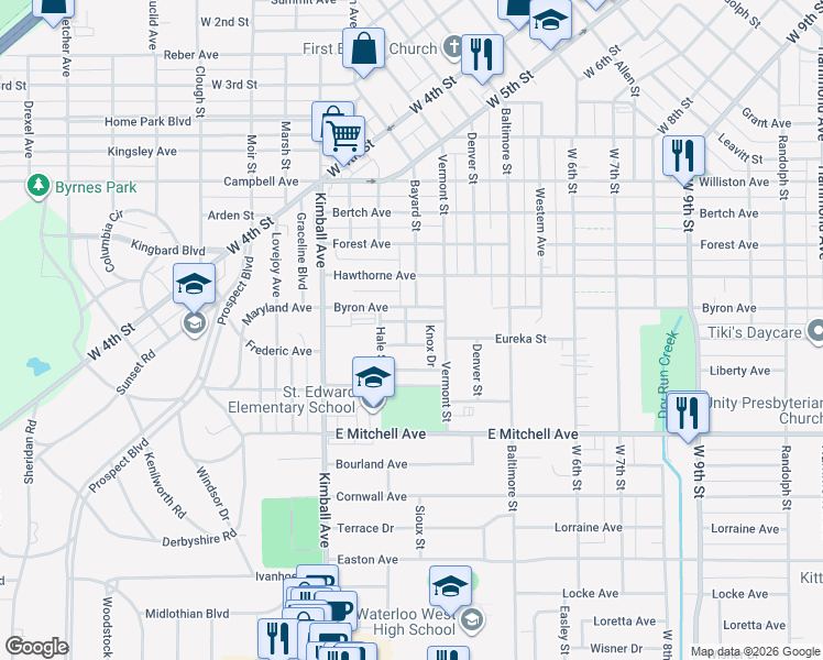 map of restaurants, bars, coffee shops, grocery stores, and more near 306 Byron Avenue in Waterloo
