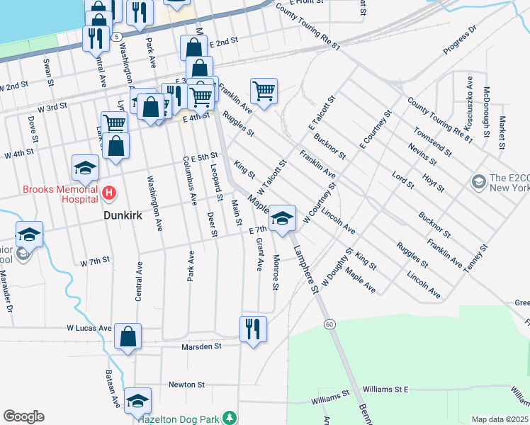 map of restaurants, bars, coffee shops, grocery stores, and more near 121 Maple Avenue in Dunkirk
