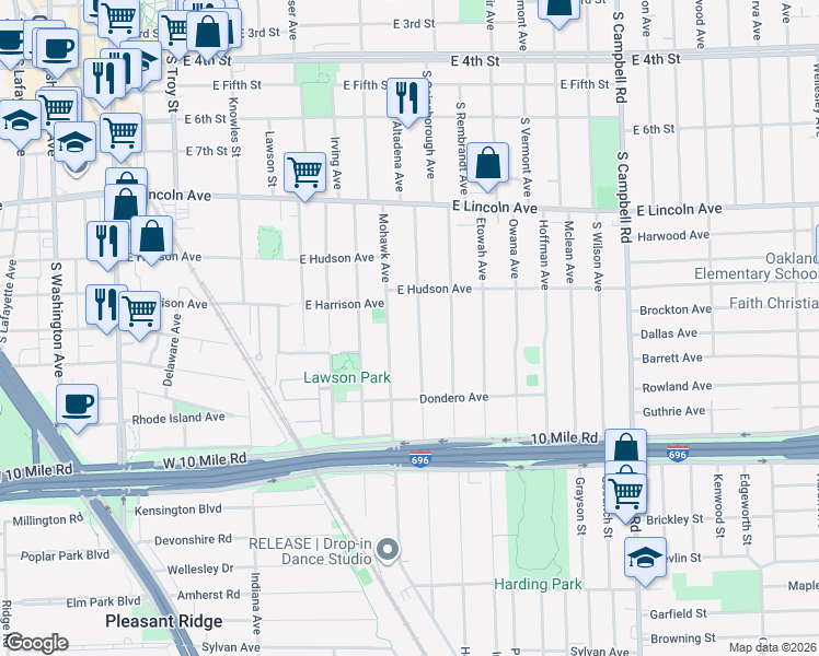 map of restaurants, bars, coffee shops, grocery stores, and more near 1119 Mohawk Avenue in Royal Oak