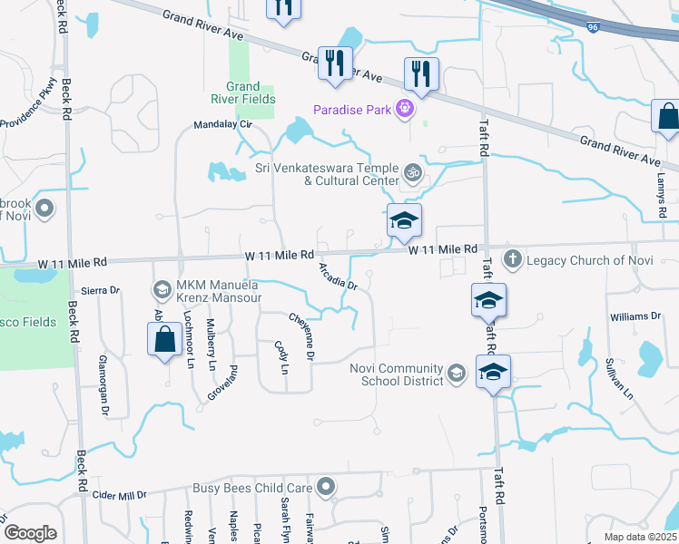 map of restaurants, bars, coffee shops, grocery stores, and more near 25922 Arcadia Drive in Novi