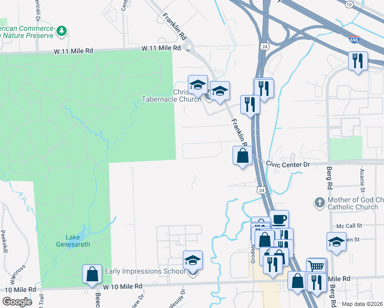 map of restaurants, bars, coffee shops, grocery stores, and more near 25305 Kildare Street in Southfield