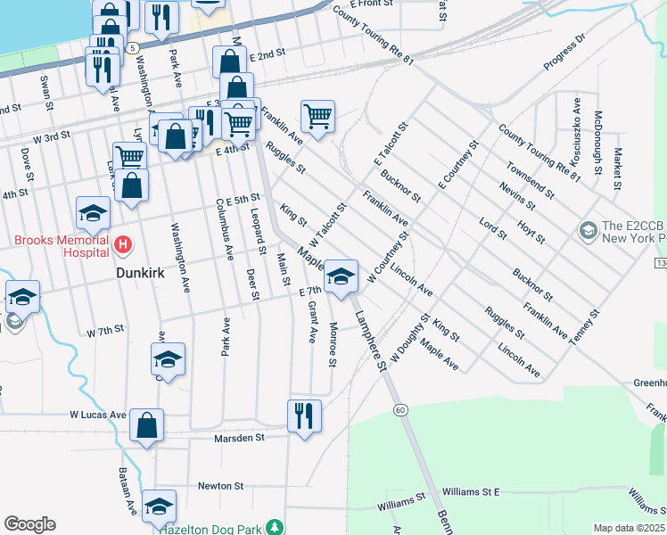 map of restaurants, bars, coffee shops, grocery stores, and more near 128 Maple Avenue in Dunkirk