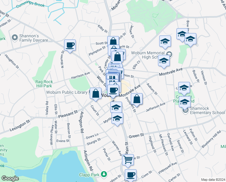 map of restaurants, bars, coffee shops, grocery stores, and more near 415 Main Street in Woburn