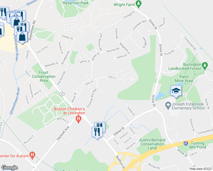 map of restaurants, bars, coffee shops, grocery stores, and more near 41 Drummer Boy Way in Lexington