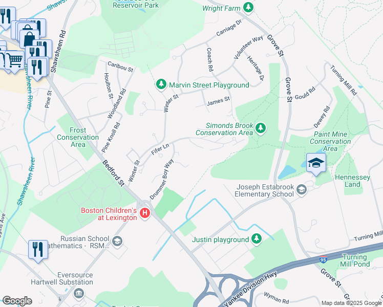 map of restaurants, bars, coffee shops, grocery stores, and more near 7 Drummer Boy Way in Lexington