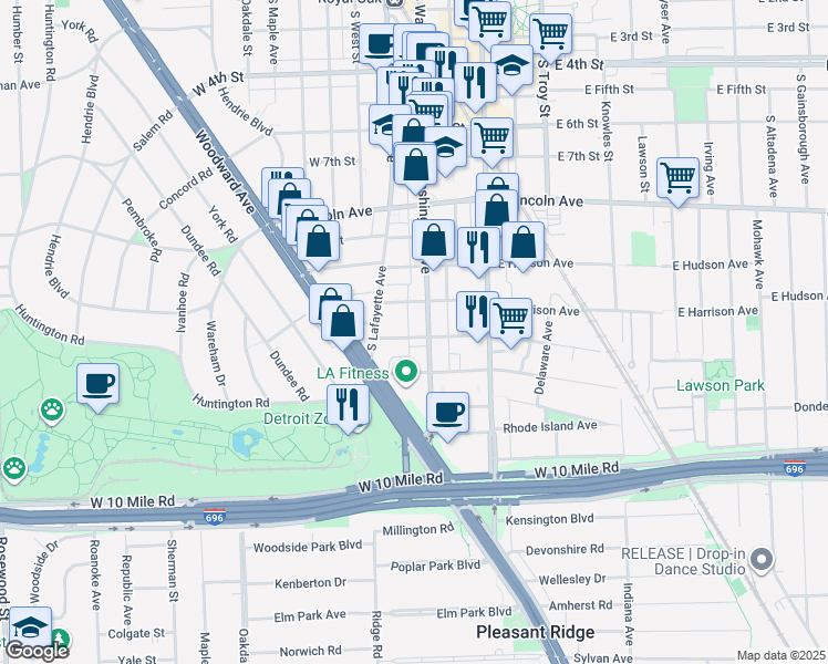 map of restaurants, bars, coffee shops, grocery stores, and more near 1148 South Washington Avenue in Royal Oak