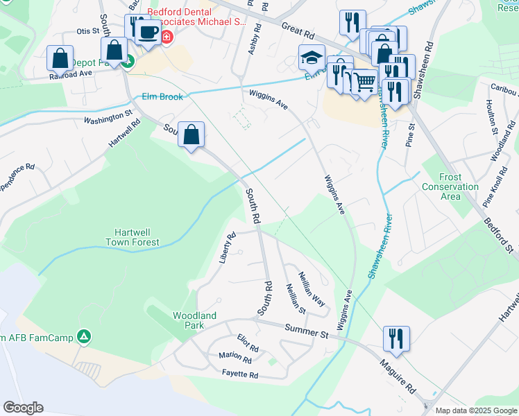 map of restaurants, bars, coffee shops, grocery stores, and more near 240 South Road in Bedford