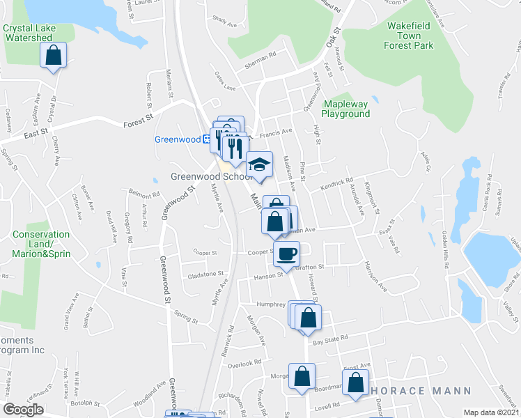 map of restaurants, bars, coffee shops, grocery stores, and more near 1058 Main Street in Wakefield