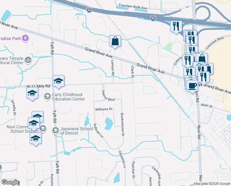 map of restaurants, bars, coffee shops, grocery stores, and more near 25911 Buckminster Dr in Novi