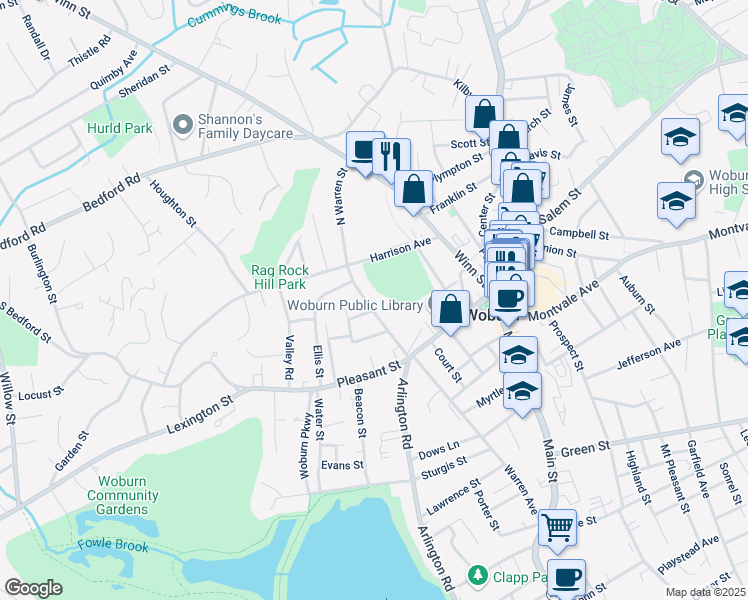 map of restaurants, bars, coffee shops, grocery stores, and more near 31 North Warren Street in Woburn