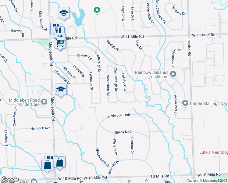 map of restaurants, bars, coffee shops, grocery stores, and more near 25269 Chapelweigh Drive in Farmington Hills