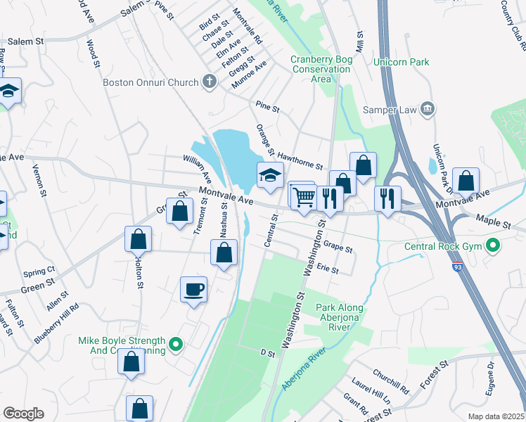 map of restaurants, bars, coffee shops, grocery stores, and more near 2A Montvale Avenue in Woburn