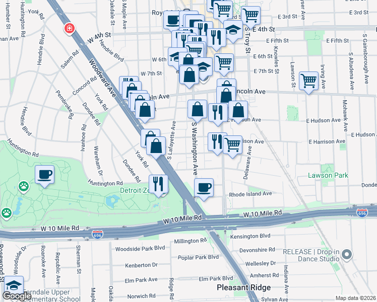 map of restaurants, bars, coffee shops, grocery stores, and more near 1148 South Washington Avenue in Royal Oak